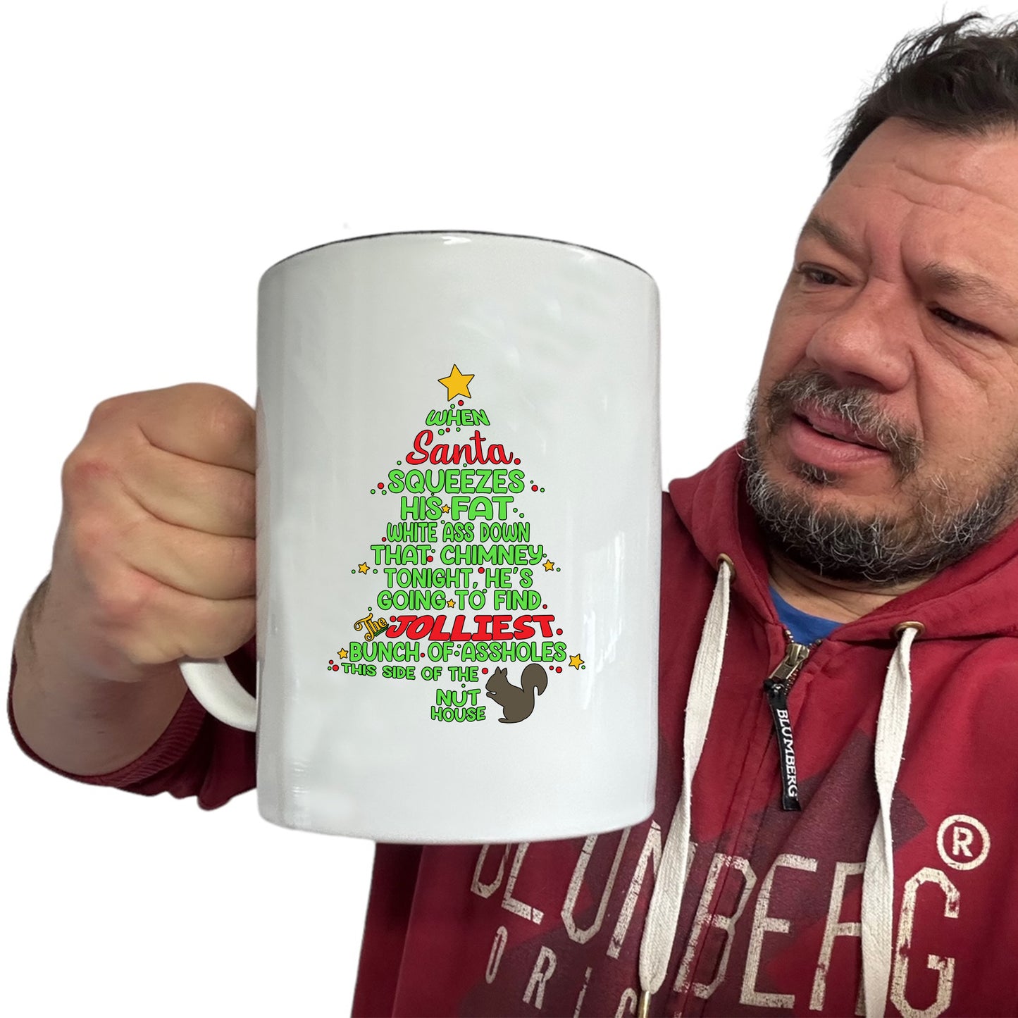 Christmas Xmas When Santa Squeezes His Fat White Ass Down The Chimney - Funny Giant 2 Litre Mug